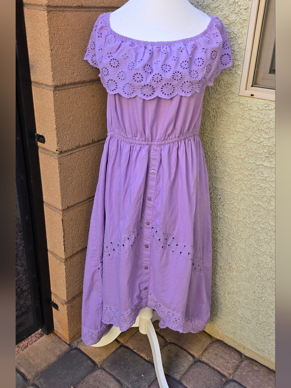 Kings Road Cotton Lavender Off-Shoulder Eyelet Dress